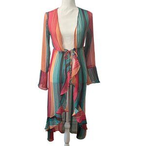 No Boundaries Striped Multicolor Sheer High-Low Ruffle Duster Cardigan Size S